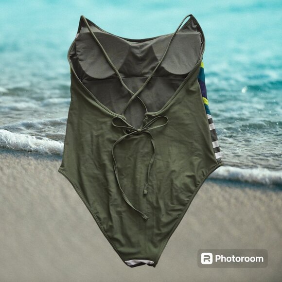 Aerie One Piece Swim Suit XL Green White Stripe Palm Tree Drawstring Close - Picture 4 of 4